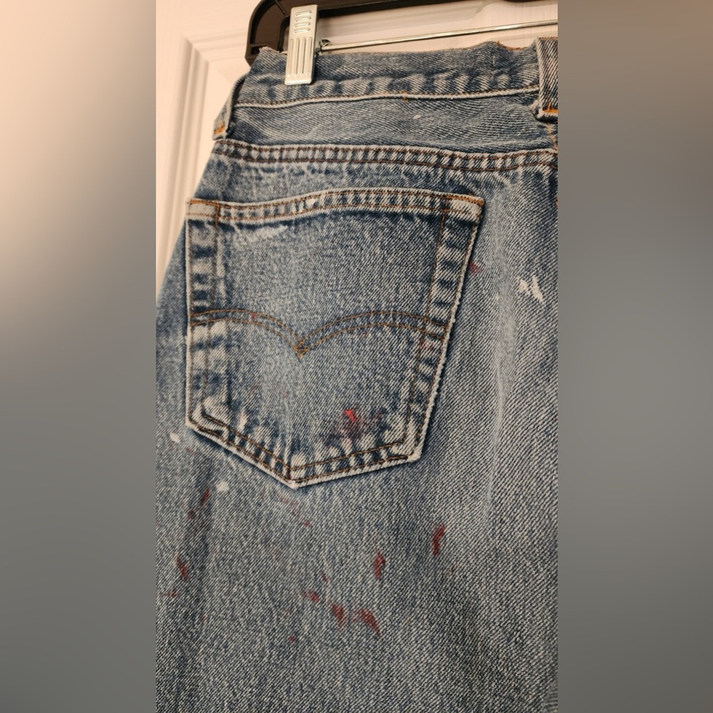 REDONE Blue Relaxed Crop Red Paint Splatter Women’s Cotton Denim Jeans Size 24 - Picture 10 of 15